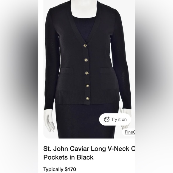 ST. JOHN CAVIAR - Like new Black V-neck Sweater Cardigan Santiago Knit: Medium - Picture 6 of 13